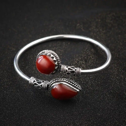 925 Egyptian Silver Bangle Crowned with Agate Stone - Brown - Bangels