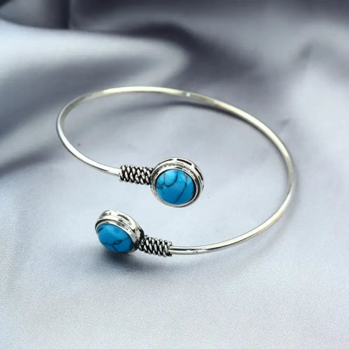 925 Egyptian Silver Bangle Crowned with Turquoise Stone - Turquoise - Bangels