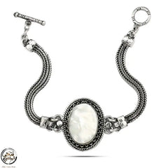 925 Egyptian Women Silver Bracelet Crowned with Pearl Stone - White - Bracelets