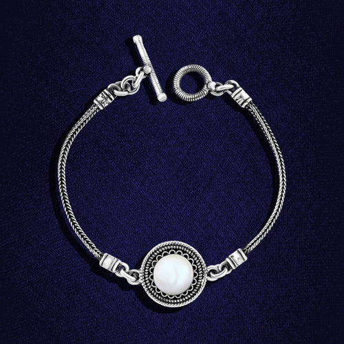 925 Silver Bracelet With a round design and a mother-of-pearl stone - White - Bracelets