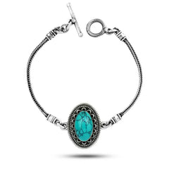 925 Silver Bracelet With an oval design And Turquoise stone - Turquoise - Bracelets