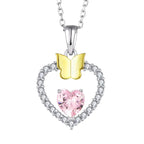 925 Silver Heart Necklace with Pink stone and Gold Butterfly