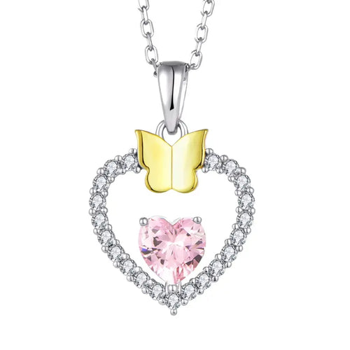 925 Silver Heart Necklace with Pink stone and Gold Butterfly