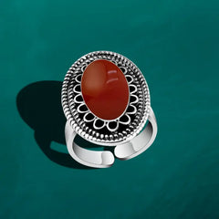 925 Silver Women Ring Crowned with Agate Stone - Brown - Rings