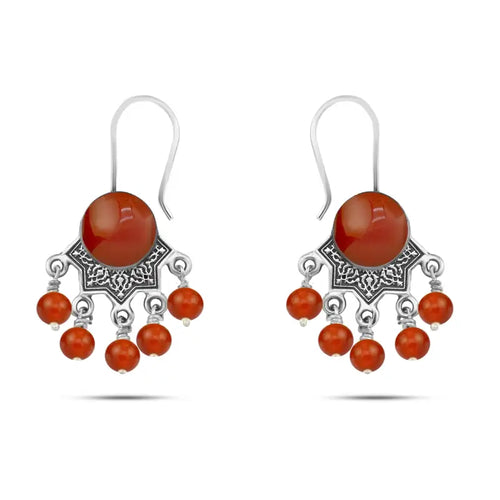 925 sterling silver earrings with an ornate Arabic design and carnelian stone - Brown - Earrings