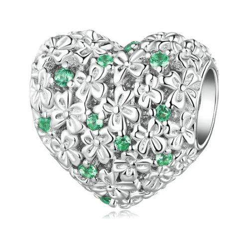 925 Sterling Silver Four-Leaf Clover Pendant Charms Heart Shape - Green - Charms