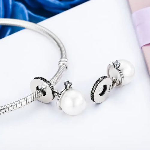 925 Sterling Silver Pearl Bracelet Pendant Shiny zircon - White