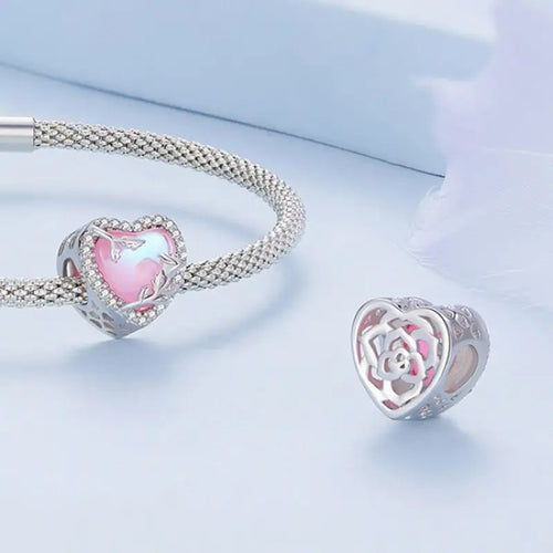 925 Sterling Silver Pink Zircon Heart Dangle Charm - Multi Color - Charms