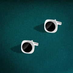 925 Sterling Silver Suit Button with Black Enamel and Round Design - Cuff Link
