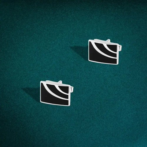 925 Sterling Silver Suit Cufflinks Adorned with Curved White Lines - Cuff Link