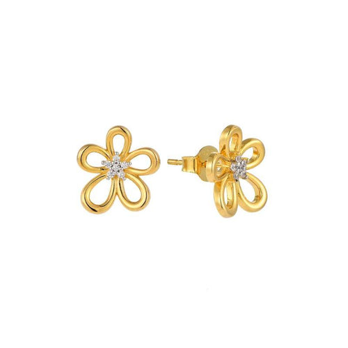 Gold-Plated Silver Open Flower Zircon Stud Earrings