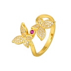 Gold-Plated Open Butterfly Ring with White and Red Zircon