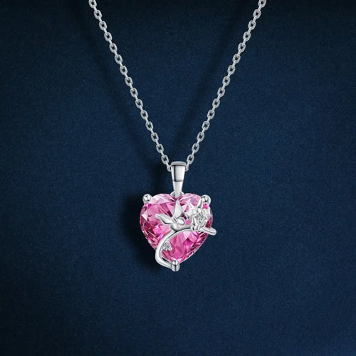 A heart and butterfly design Neklace 925 Sterling Silver - Pink - Pink