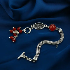 Arabic Women Silver Bracelet Crowned with Agate Stone with love words - Brown