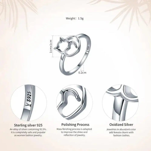 Cat & Heart Ring - 925 sterling silver - Rings