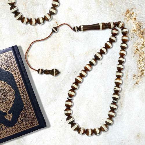 Coke Wood Rosary inlaid with Silver , 33 Beads - fathyibrahim