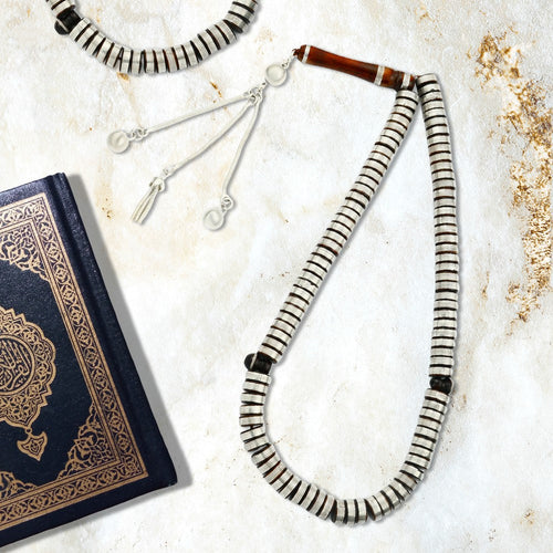 Coke Wood Rosary inlaid with Silver , 33 Beads - fathyibrahim