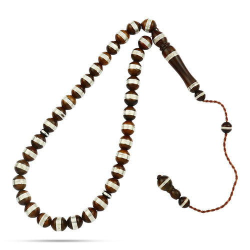 Coke Wood Rosary inlaid with Silver , 33 Beads - fathyibrahim