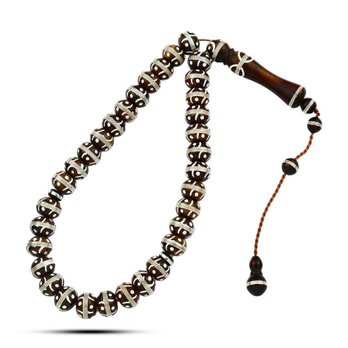 Coke Wood Rosary inlaid with Silver , 33 Beads - fathyibrahim