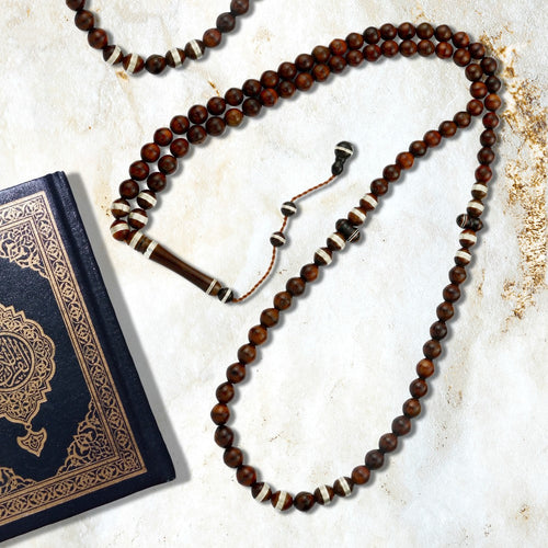Coke Wood Rosary inlaid with Silver , 99 Beads - fathyibrahim