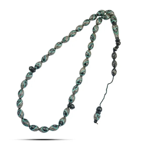 Coke Wood Rosary inlaid with Silver & Malachite 33 Beads - Multi Color - Rosary