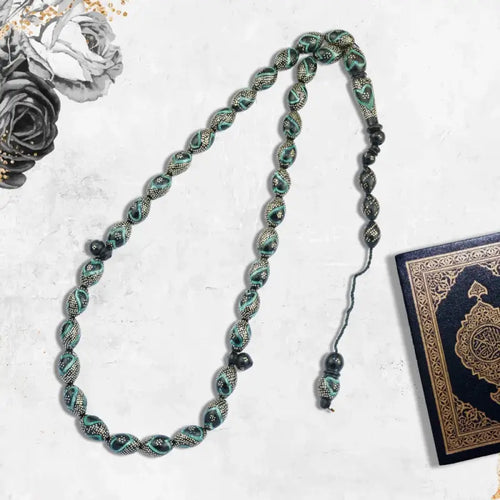 Coke Wood Rosary inlaid with Silver & Malachite 33 Beads - Multi Color - Rosary