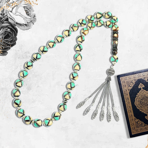 Coke Wood Rosary inlaid with Silver & Natural Ivory & Fitran , 33 Beads - fathyibrahim