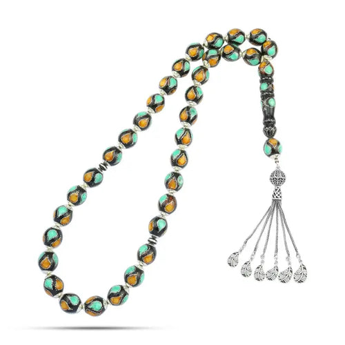 Coke Wood Rosary inlaid with Silver & Natural Ivory & Fitran 33 Beads - Multi Color - Rosary