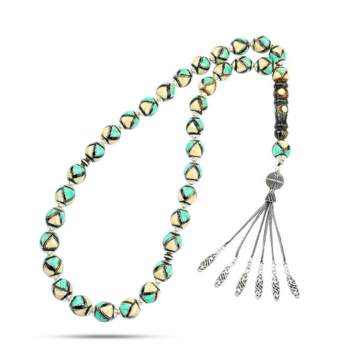 Coke Wood Rosary inlaid with Silver & Natural Ivory & Fitran , 33 Beads - fathyibrahim