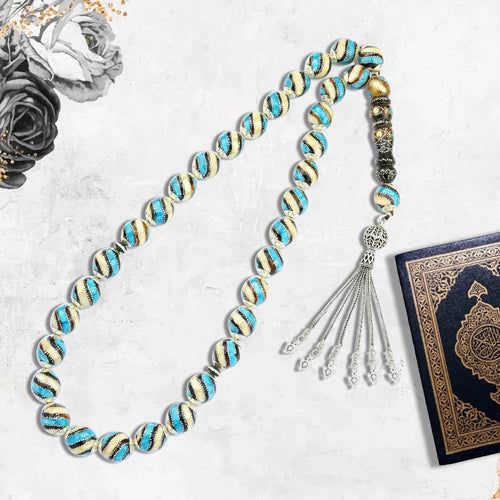 Coke Wood Rosary inlaid with Silver & Natural Ivory & Fitran , 33 Beads - fathyibrahim