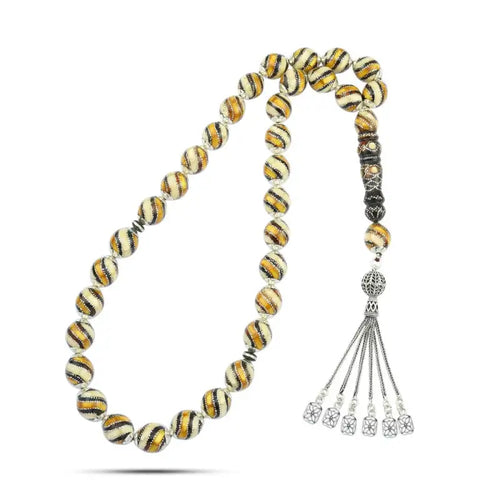 Coke Wood Rosary inlaid with Silver & Natural Ivory & Fitran 33 Beads - Multi Color - Rosary