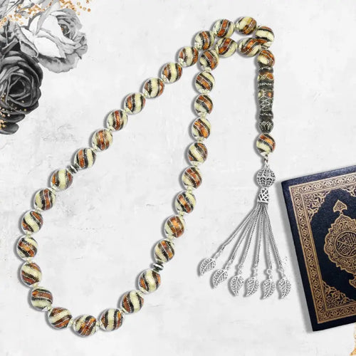 Coke Wood Rosary inlaid with Silver & Natural Ivory & Fitran 33 Beads - Multi Color - Rosary