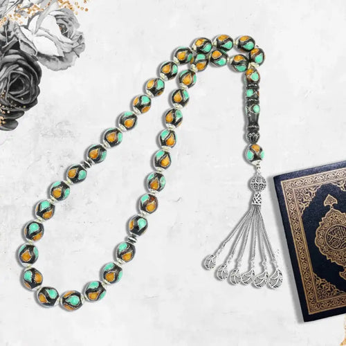 Coke Wood Rosary inlaid with Silver & Natural Ivory & Fitran 33 Beads - Multi Color - Rosary