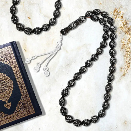 Coke Wood Rosary inlaid with Silver & Turquoise 99 Beads - Multi Color - Rosary