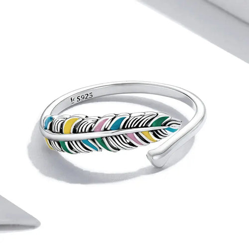 Colorful Feather 925 Silver Ring - Multi Color - Rings