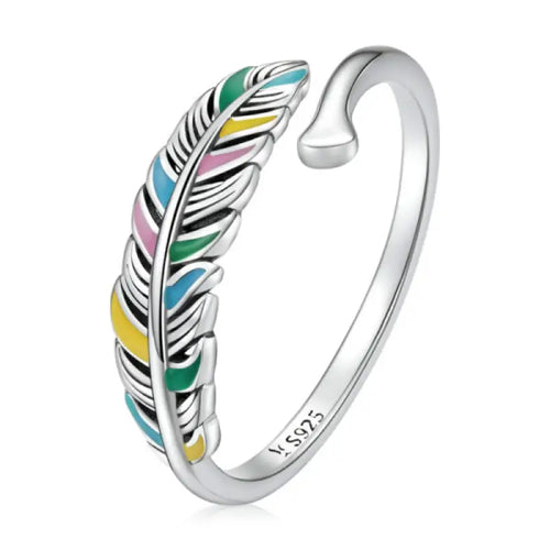 Colorful Feather 925 Silver Ring - Multi Color - Rings