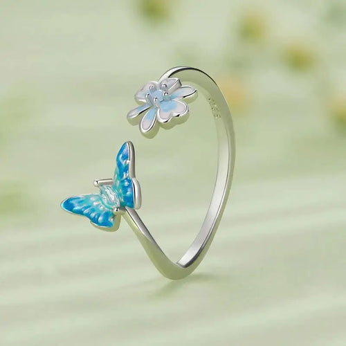 Flower & Butterfly 925 Silver Ring - Multi Color - Rings