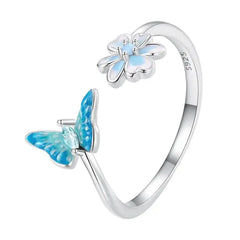 Flower & Butterfly 925 Silver Ring - Multi Color - Rings