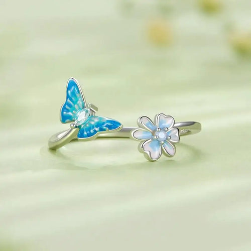 Flower & Butterfly 925 Silver Ring - Multi Color - Rings