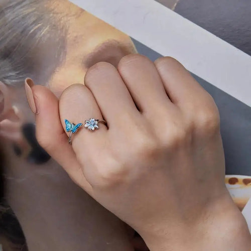 Flower & Butterfly 925 Silver Ring - Multi Color - Rings
