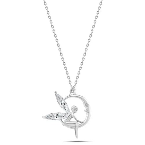 Moon Guardian Angel Wings Necklace - 925 sterling silver - Transparent - NECKLACES