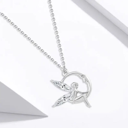 Moon Guardian Angel Wings Necklace - 925 sterling silver - Transparent - NECKLACES