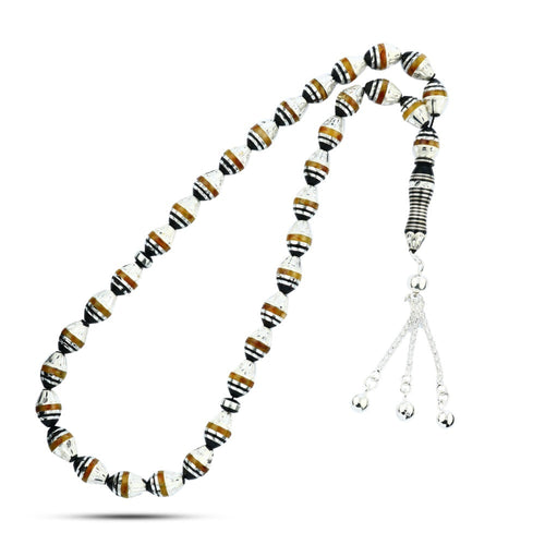 Natural Yusr Rosary inlaid with silver & Amber ,33 Beads - fathyibrahim