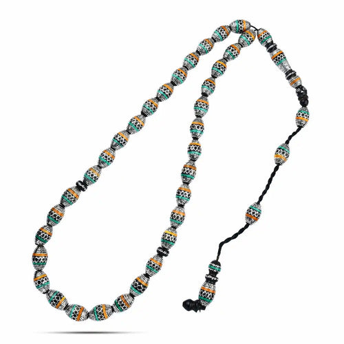 Natural Yusr Rosary Inlaid with Silver & Amber & Malachite ,33 beads - fathyibrahim