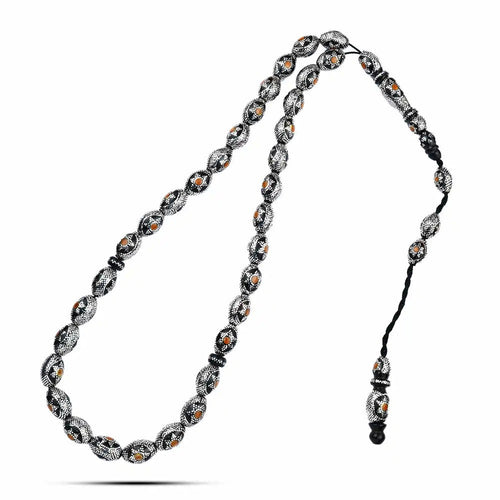 Natural Yusr Rosary inlaid with silver and Amber, 33 Beads - fathyibrahim