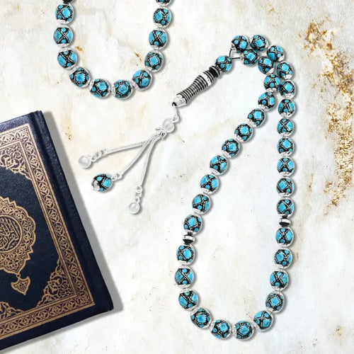 Natural Yusr Rosary Inlaid with Silver & Turquoise,33 beads - Multi Color - Rosary