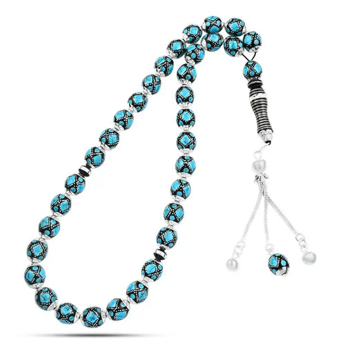 Natural Yusr Rosary Inlaid with Silver & Turquoise,33 beads - Multi Color - Rosary
