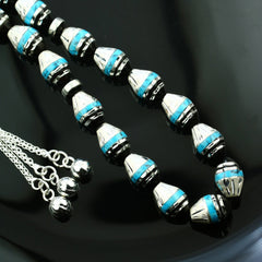 Natural Yusr Rosary inlaid with silver & Turquoise ,33 Beads - fathyibrahim