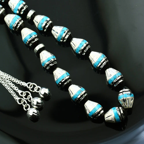 Natural Yusr Rosary inlaid with silver & Turquoise ,33 Beads - fathyibrahim