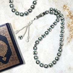 Natural Yusr Rosary Inlaid with Silver & Turquoise ,33 beads - fathyibrahim